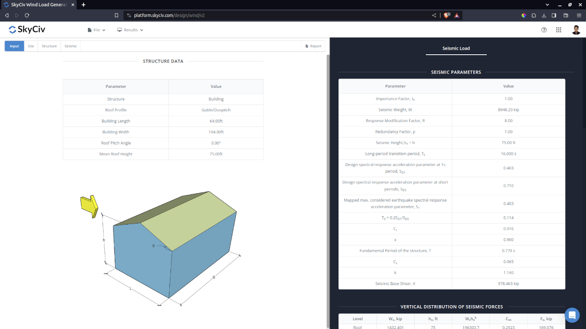 Seismic input and results from SkyCiv Load Generator