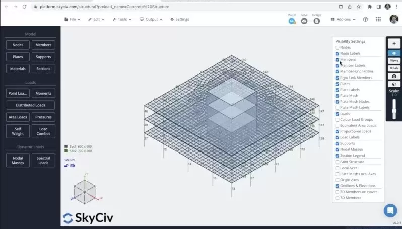 Concrete structure example, walls and slabs